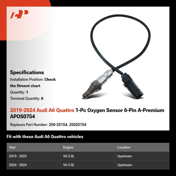 2019-2024 Audi A6 Quattro 1-Pc Oxygen Sensor 6-Pin A-Premium APOS0754