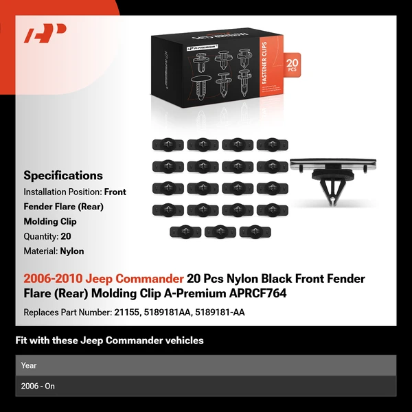 2006-2010 Jeep Commander 20 Pcs Nylon Black Front Fender Flare (Rear) Molding Clip A-Premium APRCF764