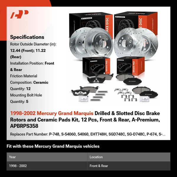 1998-2002 Mercury Grand Marquis Drilled & Slotted Disc Brake Rotors and Ceramic Pads Kit, 12 Pcs, Front & Rear, A-Premium, APBRPS358