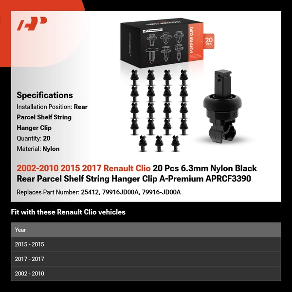 2002-2010 2015 2017 Renault Clio 20 Pcs 6.3mm Nylon Black Rear Parcel Shelf String Hanger Clip A-Premium APRCF3390