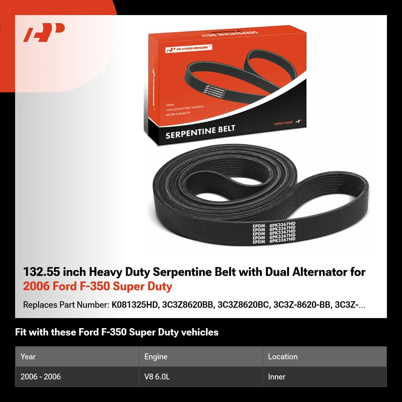 132.55 inch Heavy Duty Serpentine Belt with Dual Alternator for 2006 Ford F-350 Super Duty