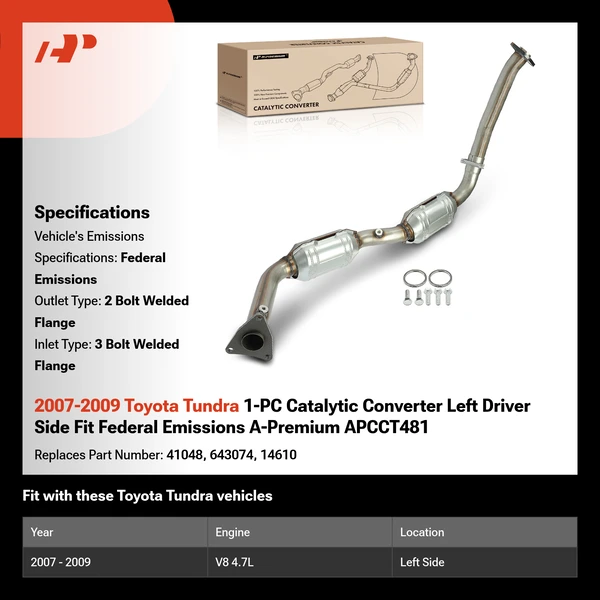 2007-2009 Toyota Tundra 1-PC Catalytic Converter Left Driver Side Fit Federal Emissions A-Premium APCCT481