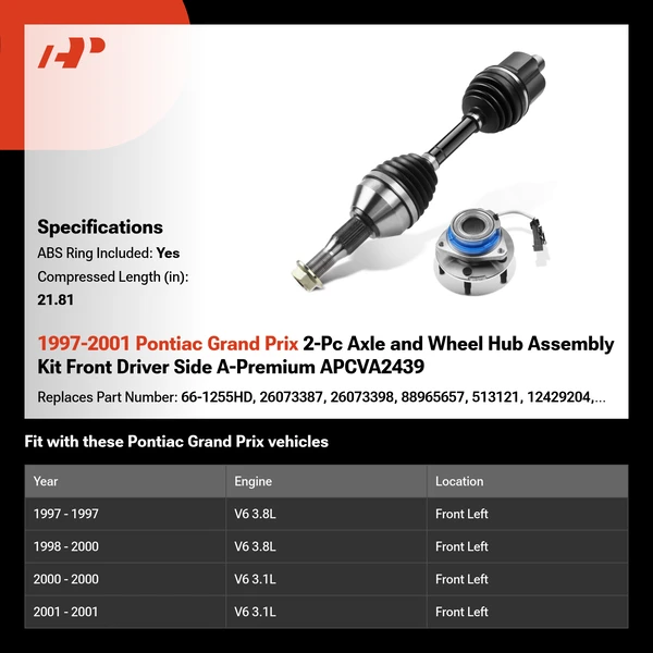 1997-2001 Pontiac Grand Prix 2-Pc Axle and Wheel Hub Assembly Kit Front Driver Side A-Premium APCVA2439