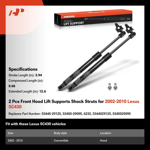 2 Pcs Front Hood Lift Supports Shock Struts for 2002-2010 Lexus SC430