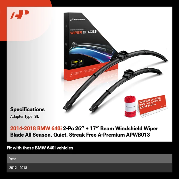 2014-2018 BMW 640i 2-Pc 26″ + 17″ Beam Windshield Wiper Blade All Season, Quiet, Streak Free A-Premium APWB013
