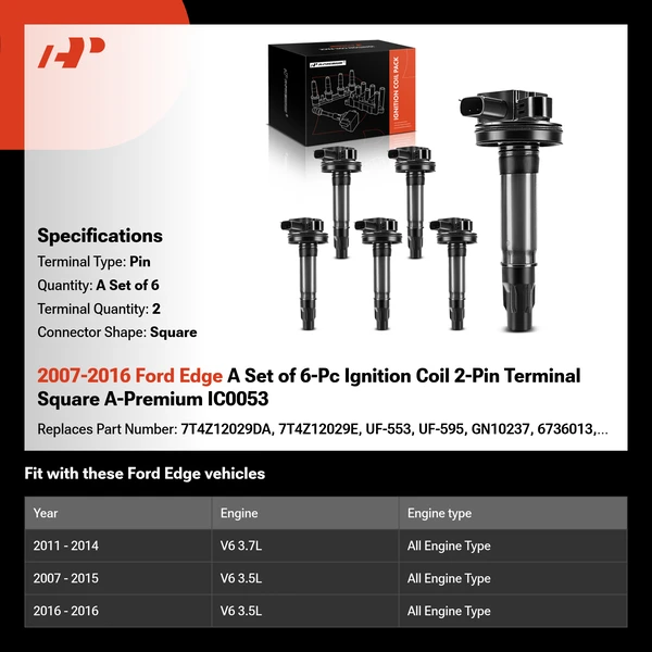 2007-2016 Ford Edge A Set of 6-Pc Ignition Coil 2-Pin Terminal Square A-Premium IC0053