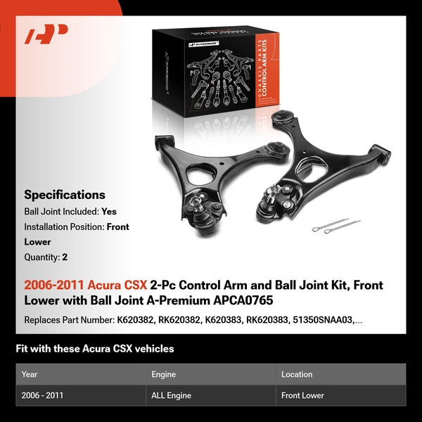 2006-2011 Acura CSX 2-Pc Control Arm and Ball Joint Kit, Front Lower with Ball Joint A-Premium APCA0765