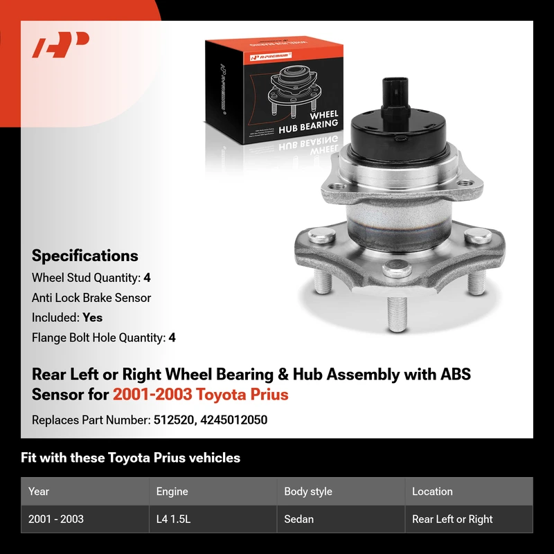 Rear Left or Right Wheel Bearing & Hub Assembly with ABS Sensor for 2001-2003 Toyota Prius