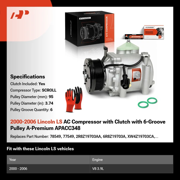 2000-2006 Lincoln LS AC Compressor with Clutch with 6-Groove Pulley A-Premium APACC348
