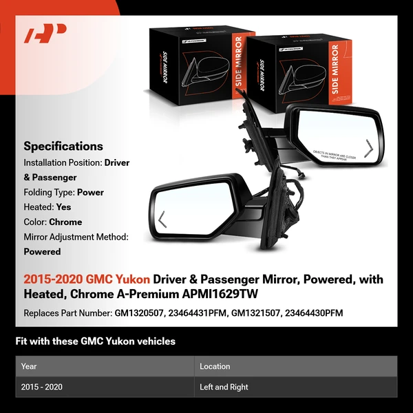 2015-2020 GMC Yukon Driver & Passenger Mirror, Powered, with Heated, Chrome A-Premium APMI1629TW
