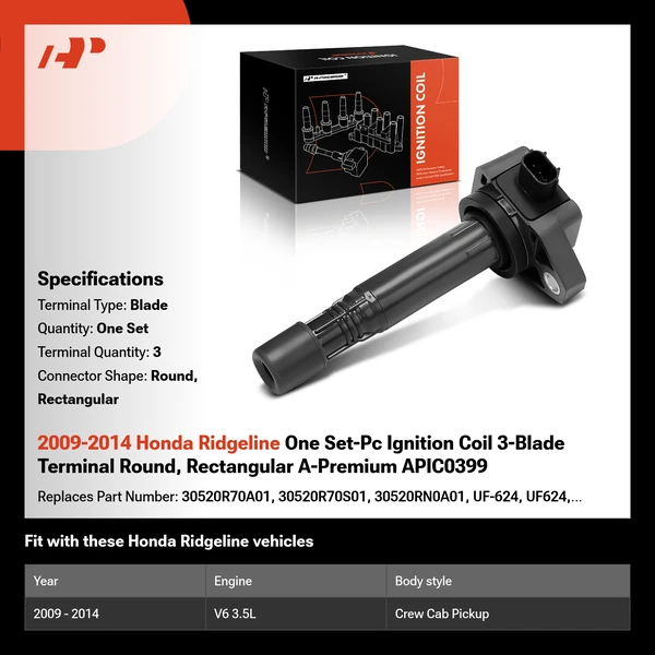 2009-2014 Honda Ridgeline One Set-Pc Ignition Coil 3-Blade Terminal Round, Rectangular A-Premium APIC0399
