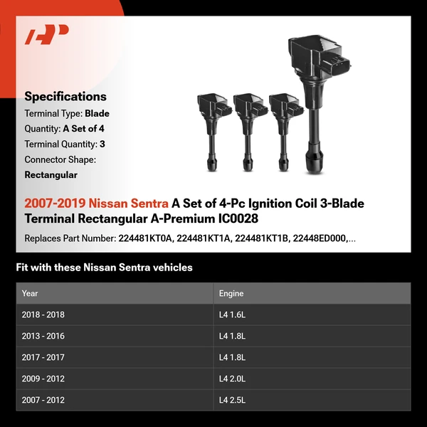 2007-2019 Nissan Sentra A Set of 4-Pc Ignition Coil 3-Blade Terminal Rectangular A-Premium IC0028