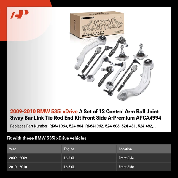 2009-2010 BMW 535i xDrive A Set of 12 Control Arm Ball Joint Sway Bar Link Tie Rod End Kit Front Side A-Premium APCA4994