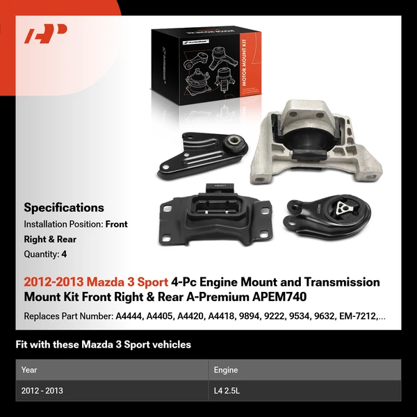 2012-2013 Mazda 3 Sport 4-Pc Engine Mount and Transmission Mount Kit Front Right & Rear A-Premium APEM740