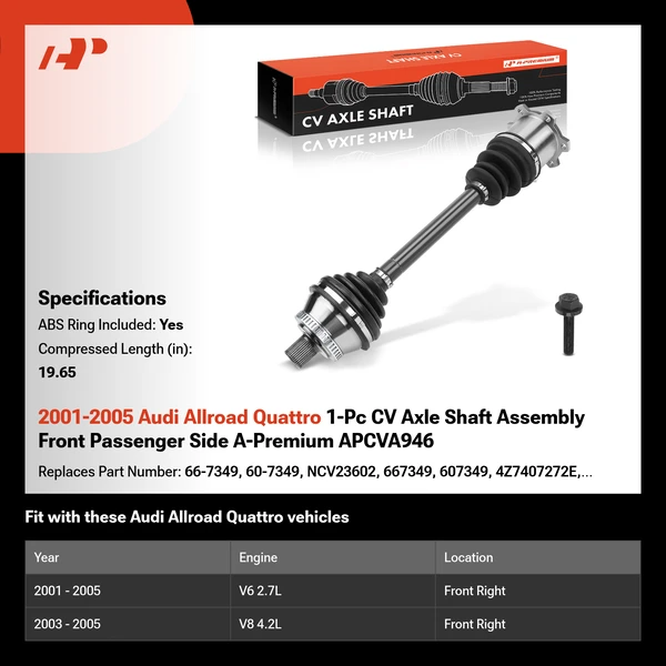 2001-2005 Audi Allroad Quattro 1-Pc CV Axle Shaft Assembly Front Passenger Side A-Premium APCVA946