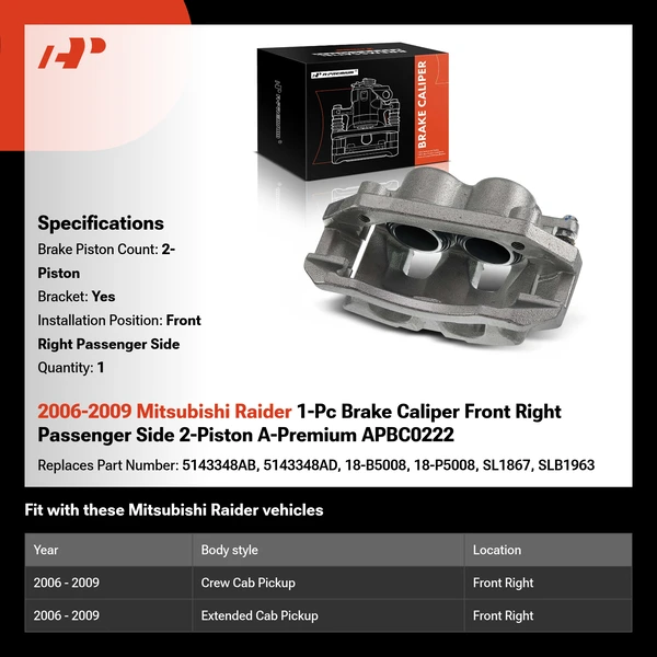 2006-2009 Mitsubishi Raider 1-Pc Brake Caliper Front Right Passenger Side 2-Piston A-Premium APBC0222