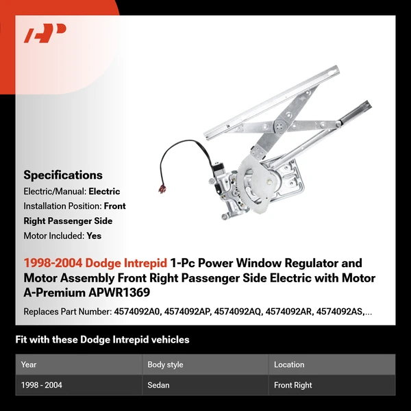 1998-2004 Dodge Intrepid 1-Pc Power Window Regulator and Motor Assembly Front Right Passenger Side Electric with Motor A-Premium APWR1369