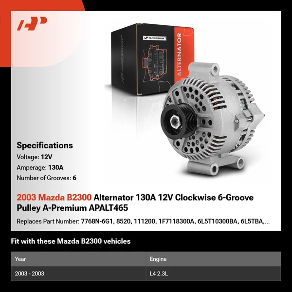 2003 Mazda B2300 Alternator 130A 12V Clockwise 6-Groove Pulley A-Premium APALT465