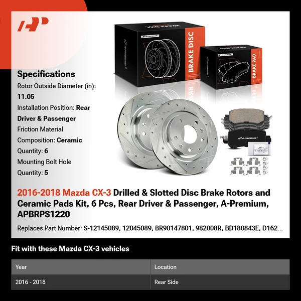 2016-2018 Mazda CX-3 Drilled & Slotted Disc Brake Rotors and Ceramic Pads Kit, 6 Pcs, Rear Driver & Passenger, A-Premium, APBRPS1220