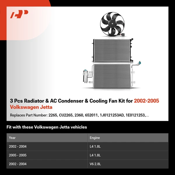 3 Pcs Radiator & AC Condenser & Cooling Fan Kit for 2002-2005 Volkswagen Jetta