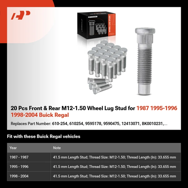 20 Pcs Front & Rear M12-1.50 Wheel Lug Stud for 1987 1995-1996 1998-2004 Buick Regal