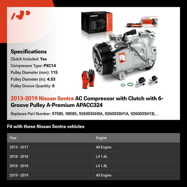 2013-2019 Nissan Sentra AC Compressor with Clutch with 6-Groove Pulley A-Premium APACC324