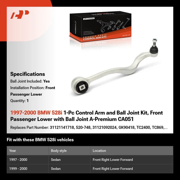 1997-2000 BMW 528i 1-Pc Control Arm and Ball Joint Kit, Front Passenger Lower with Ball Joint A-Premium CA051