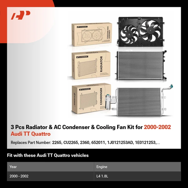 3 Pcs Radiator & AC Condenser & Cooling Fan Kit for 2000-2002 Audi TT Quattro