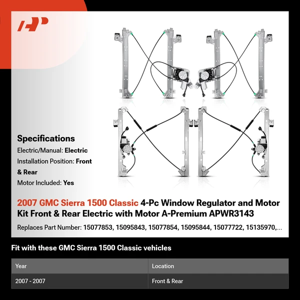 2007 GMC Sierra 1500 Classic 4-Pc Window Regulator and Motor Kit Front & Rear Electric with Motor A-Premium APWR3143