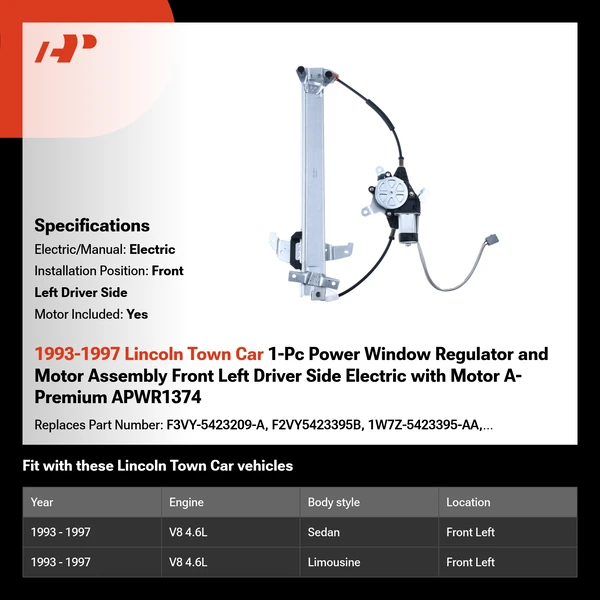 1993-1997 Lincoln Town Car 1-Pc Power Window Regulator and Motor Assembly Front Left Driver Side Electric with Motor A-Premium APWR1374
