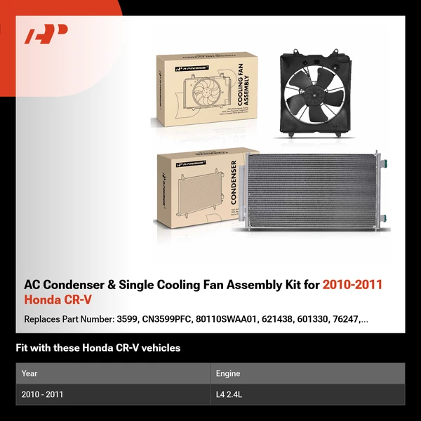 AC Condenser & Single Cooling Fan Assembly Kit for 2010-2011 Honda CR-V