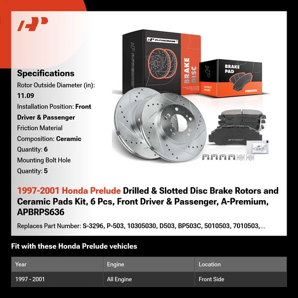 1997-2001 Honda Prelude Drilled & Slotted Disc Brake Rotors and Ceramic Pads Kit, 6 Pcs, Front Driver & Passenger, A-Premium, APBRPS636