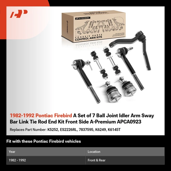 1982-1992 Pontiac Firebird A Set of 7 Ball Joint Idler Arm Sway Bar Link Tie Rod End Kit Front Side A-Premium APCA0923