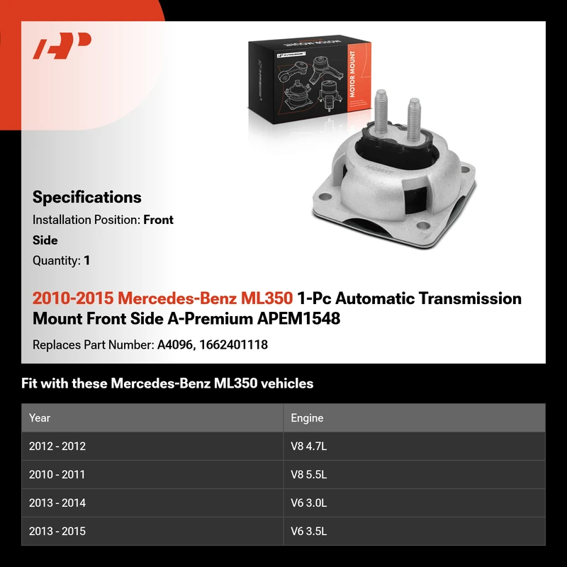 2010-2015 Mercedes-Benz ML350 1-Pc Automatic Transmission Mount Front Side A-Premium APEM1548