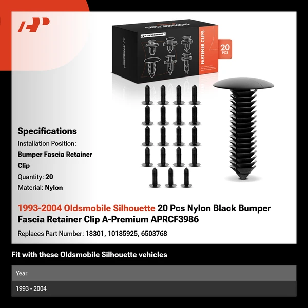 1993-2004 Oldsmobile Silhouette 20 Pcs Nylon Black Bumper Fascia Retainer Clip A-Premium APRCF3986