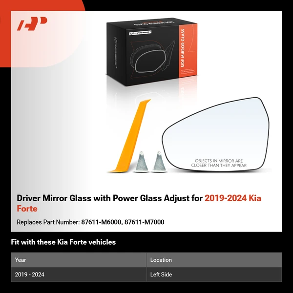 Driver Mirror Glass with Power Glass Adjust for 2019-2024 Kia Forte