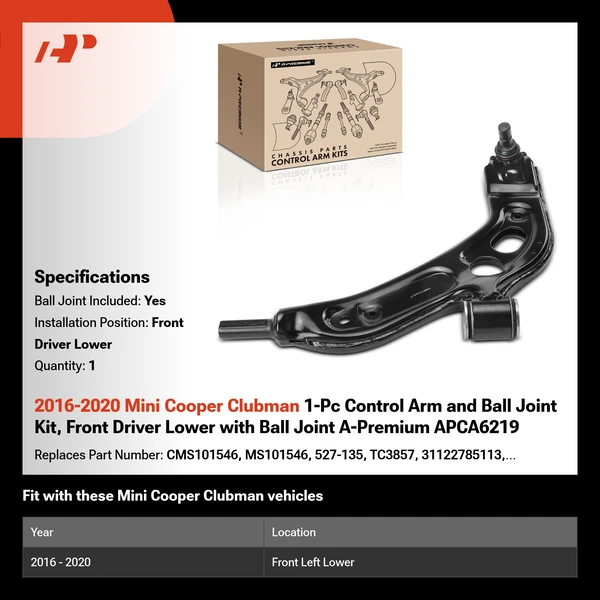 2016-2020 Mini Cooper Clubman 1-Pc Control Arm and Ball Joint Kit, Front Driver Lower with Ball Joint A-Premium APCA6219