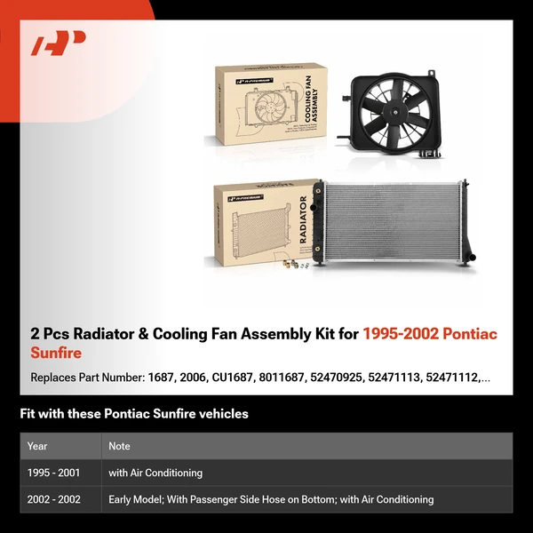 2 Pcs Radiator & Cooling Fan Assembly Kit for 1995-2002 Pontiac Sunfire