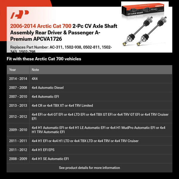 2006-2014 Arctic Cat 700 2-Pc CV Axle Shaft Assembly Rear Driver & Passenger A-Premium APCVA1726