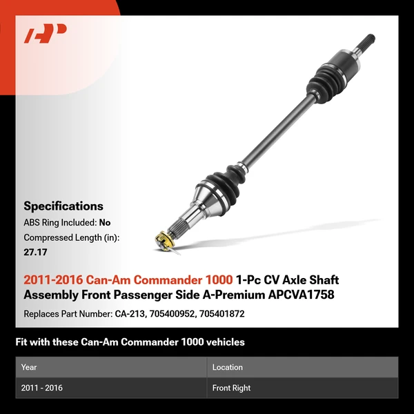 2011-2016 Can-Am Commander 1000 1-Pc CV Axle Shaft Assembly Front Passenger Side A-Premium APCVA1758