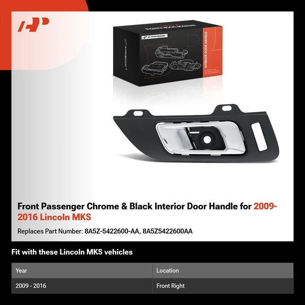 Front Passenger Chrome & Black Interior Door Handle for 2009-2016 Lincoln MKS