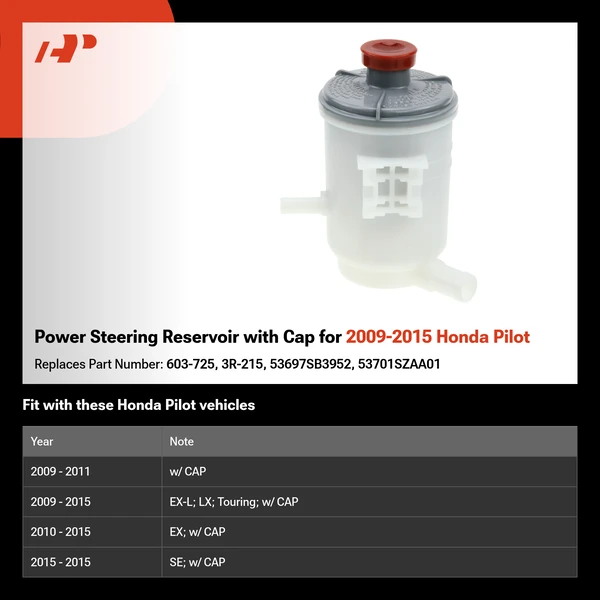 Power Steering Reservoir with Cap for 2009-2015 Honda Pilot