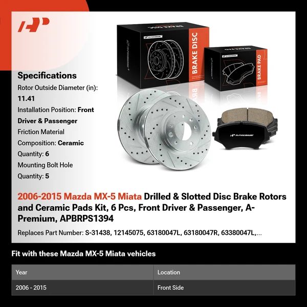 2006-2015 Mazda MX-5 Miata Drilled & Slotted Disc Brake Rotors and Ceramic Pads Kit, 6 Pcs, Front Driver & Passenger, A-Premium, APBRPS1394