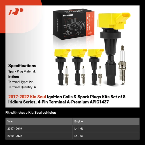 2017-2022 Kia Soul Ignition Coils & Spark Plugs Kits Set of 8 Iridium Series, 4-Pin Terminal A-Premium APIC1437