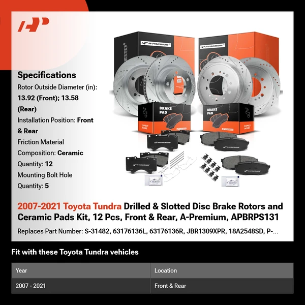 2007-2021 Toyota Tundra Drilled & Slotted Disc Brake Rotors and Ceramic Pads Kit, 12 Pcs, Front & Rear, A-Premium, APBRPS131