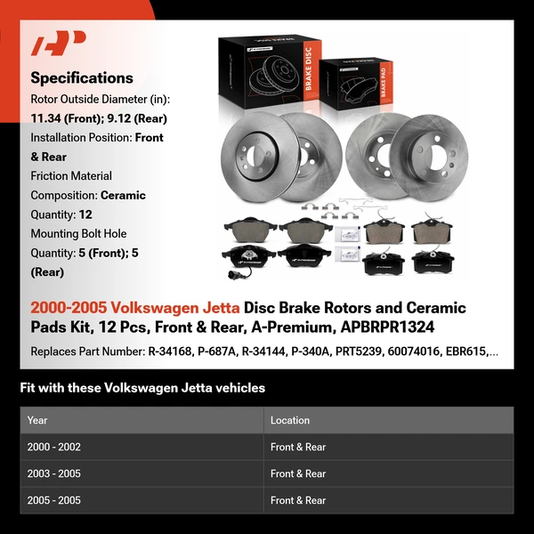 2000-2005 Volkswagen Jetta Disc Brake Rotors and Ceramic Pads Kit, 12 Pcs, Front & Rear, A-Premium, APBRPR1324
