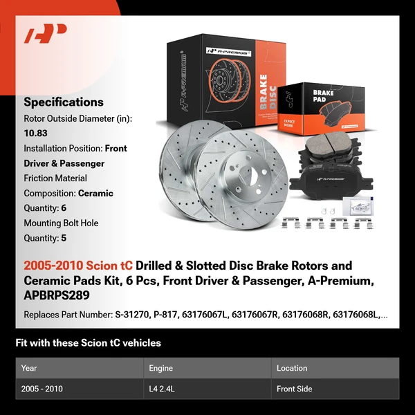 2005-2010 Scion tC Drilled & Slotted Disc Brake Rotors and Ceramic Pads Kit, 6 Pcs, Front Driver & Passenger, A-Premium, APBRPS289