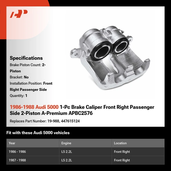 1986-1988 Audi 5000 1-Pc Brake Caliper Front Right Passenger Side 2-Piston A-Premium APBC2576