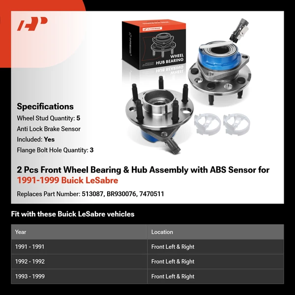 2 Pcs Front Wheel Bearing & Hub Assembly with ABS Sensor for 1991-1999 Buick LeSabre