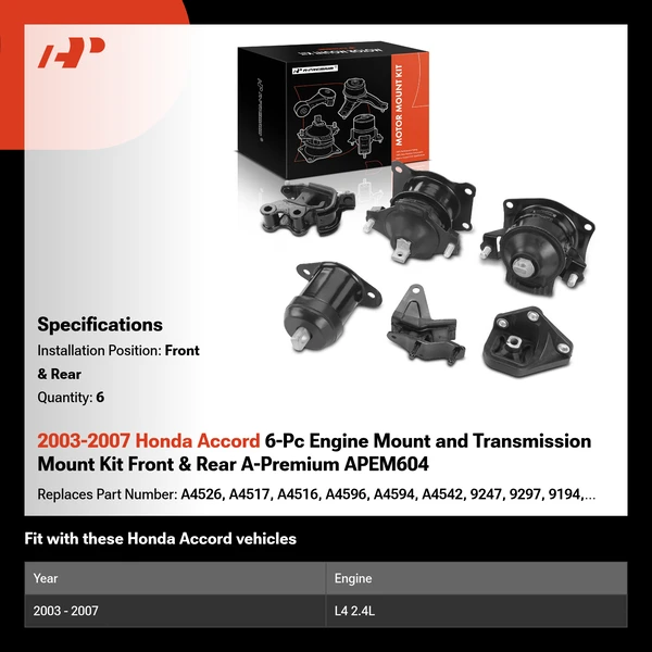 2003-2007 Honda Accord 6-Pc Engine Mount and Transmission Mount Kit Front & Rear A-Premium APEM604